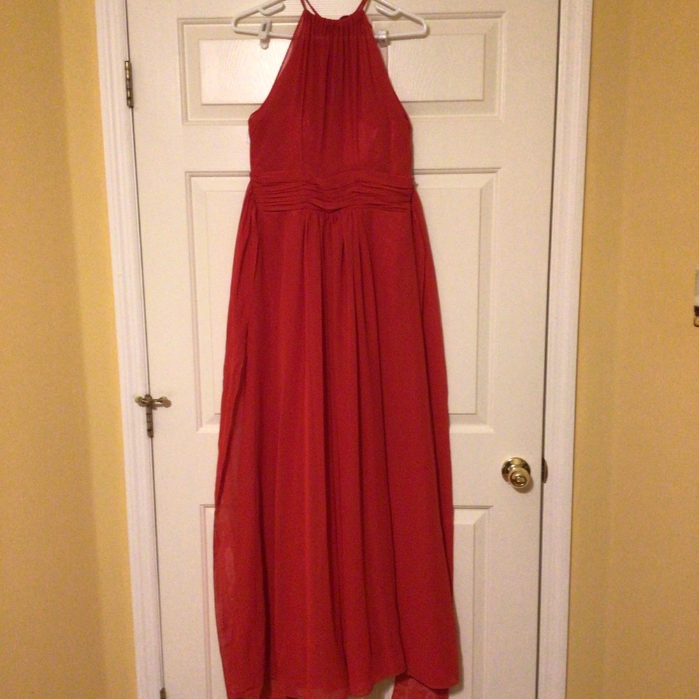 Red Neck Strap Tie Waist Maxi Dresss
